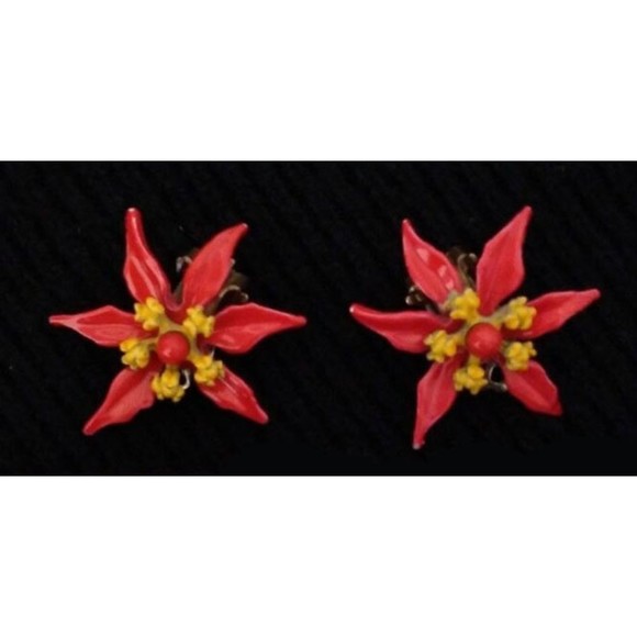 Vintage Red Yellow Poinsettia Flower 1960's Style Women's Clip On Earings - Picture 1 of 4